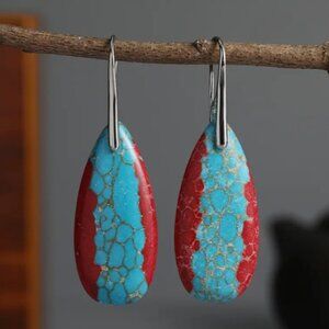 Bohemian Teardrop faux Turquoise Dangle Earrings - Trendy Copper & Silver Plate